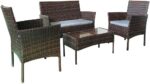 SHATCHI Set Sofá Ratán Mimbre 4 Piezas: Sofá 2 Plazas, 2 Sillones y Mesa de Cristal Templado para Jardín, Terraza, Balcón (Marrón, Cojines Grises) - Imagen 3