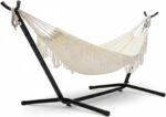 Campingwise Hamaca con Soporte 200×150 cm Algodón Beige, Ajustable y Plegable con Bolsa