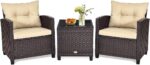 HAPPYGRILL Set Bistró Exterior Ratán Mimbre 3 Piezas: 2 Sillones con Cojines Lavables y Mesa de Cristal Templado