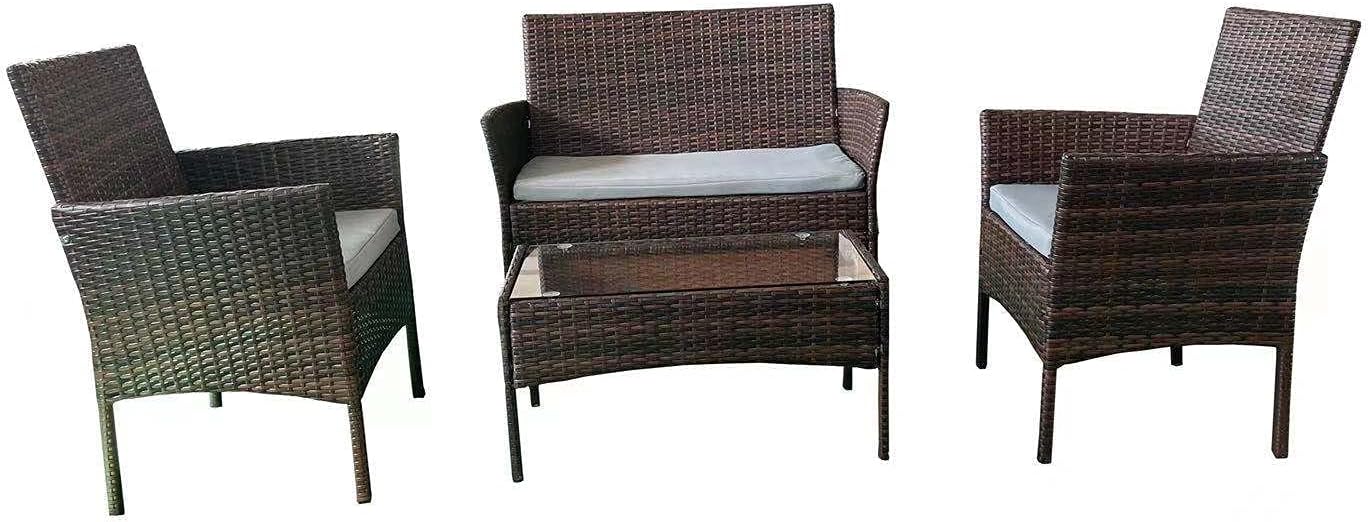 61jN-M7fl9S._AC_SL1440_ SHATCHI Set Sofá Ratán Mimbre 4 Piezas: Sofá 2 Plazas, 2 Sillones y Mesa de Cristal Templado para Jardín, Terraza, Balcón (Marrón, Cojines Grises) - Imagen 1