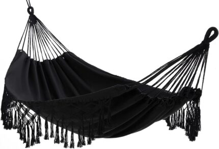 LILANYA Hamaca Doble Algodón 240x150cm 450lbs con Flecos Macramé para Jardín, Terraza, Balcón, Interior (Negro)