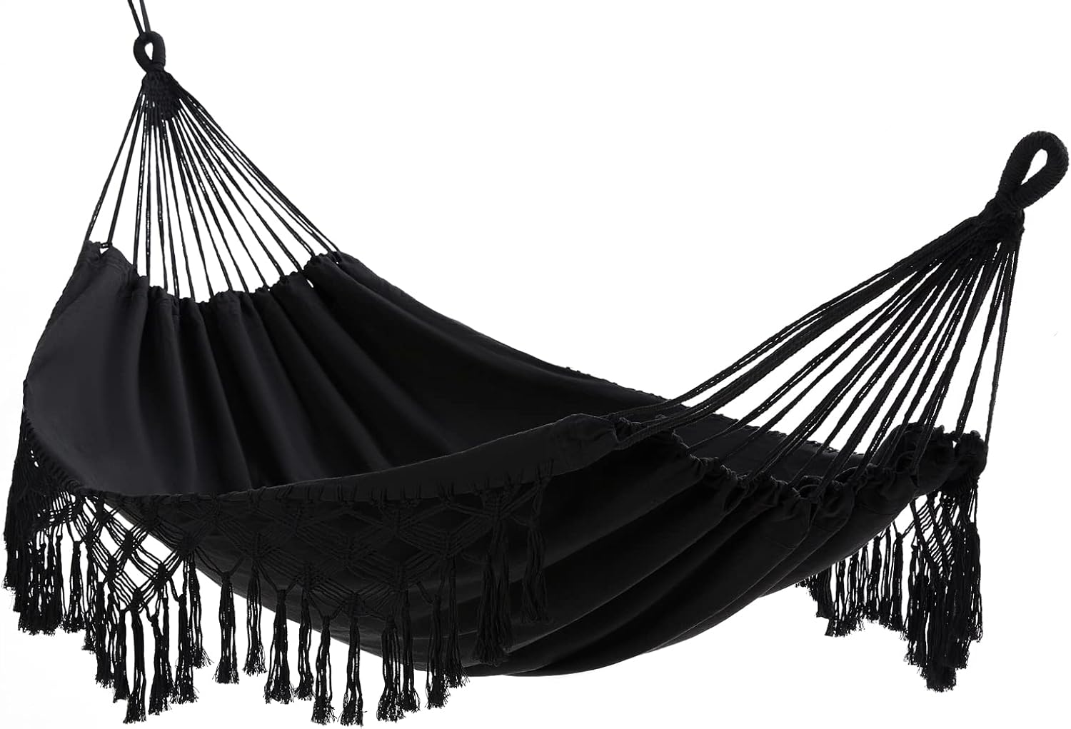 61rgU-KqlhL._AC_SL1500_ LILANYA Hamaca Doble Algodón 240x150cm 450lbs con Flecos Macramé para Jardín, Terraza, Balcón, Interior (Negro) - Imagen 1