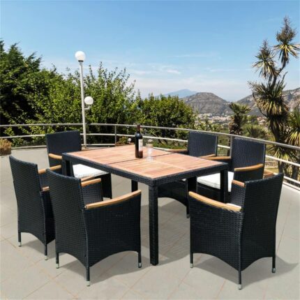 KCUZO Set Comedor Exterior Mimbre 7 Piezas con Mesa de Madera de Acacia y 6 Sillas
