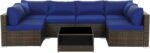 SONGMICS Set Salón Jardín 7 Piezas Ratán PE Cojines Mesa Cristal Marrón Azul