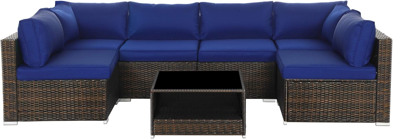 71AjhccV+SL._AC_SL1500_ SONGMICS Set Salón Jardín 7 Piezas Ratán PE Cojines Mesa Cristal Marrón Azul - Imagen 1