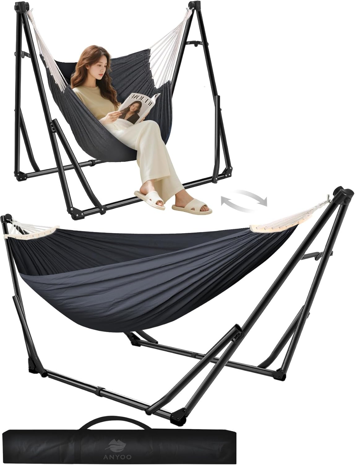 71V7wrQC6pL._AC_SL1500_ ANYOO Hamaca y Sillón Colgante con Soporte Plegable 2 en 1, Portátil 200 kg, Negro y Gris Oscuro - Imagen 1