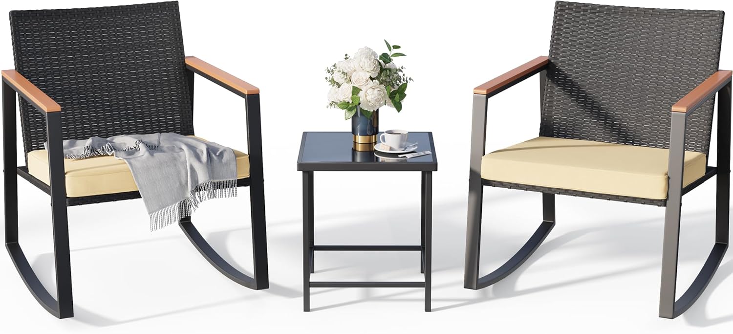 71YhbTdpqkL._AC_SL1500_ Gizoon Set de 3 piezas de Patio Bistró Mecedoras de Ratán Cojín Mesa de Cristal para Balcón Terraza Jardín Beige - Imagen 1