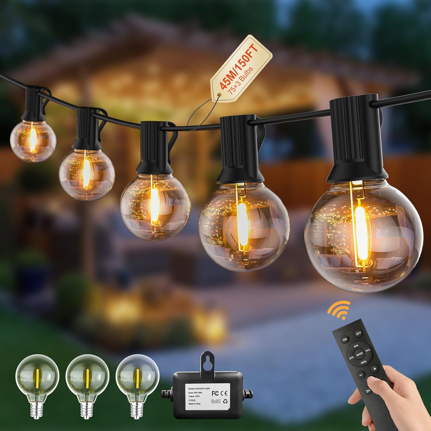 71xCFVT3OJL._AC_SL1500_ Pogestrand Guirnalda de Luces LED G40 Exterior 45,7m (150ft), 24V con Mando a Distancia, Regulable y Temporizador, 75+2 Bombillas de Plástico irrompibles, IP44, Iluminación para Jardín, Terraza, Patio, Bodas - Imagen 1