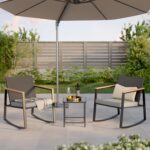 Gizoon Set de 3 piezas de Patio Bistró Mecedoras de Ratán Cojín Mesa de Cristal para Balcón Terraza Jardín Beige - Imagen 4