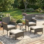 ARTBUSKE Set de Jardín 5 Piezas de Mimbre Gris con Mesa y Otomana, Cojines Lavables