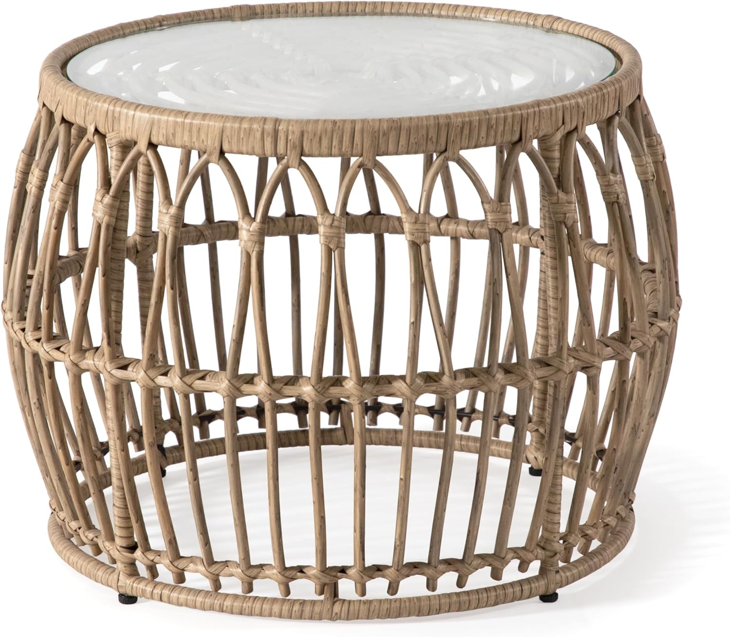 81AghWaXT7L._AC_SL1500_ Muse & Lounge Co. Ysar Mesa Ratán Redonda Boho Exterior 55 cm, Vidrio 5 mm y Acero - Imagen 1