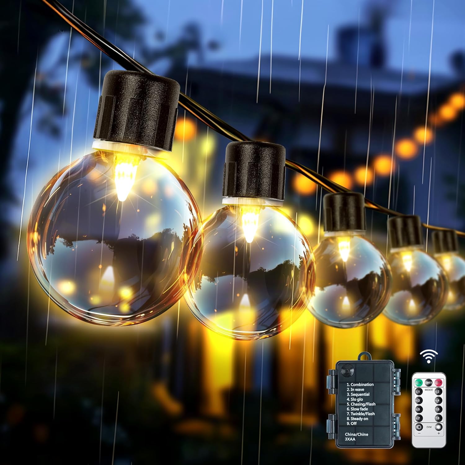 81kLDr7mwEL._AC_SL1500_ aurogeek Guirnalda Luz Exterior 9m G40 20 LED IP64 Batería Mando 8 Modos - Imagen 1