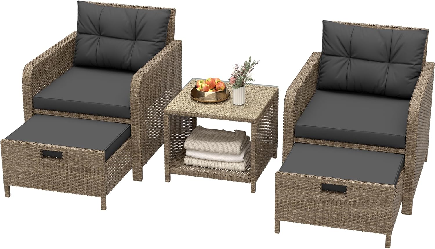 81o-YTzHNlL._AC_SL1500_ DAONEG Juego de 5 sillas de comedor de ratán PE con cojines blandos y 2 otomanas con cojines y mesa de cristal para porche, mimbre marrón - Imagen 1