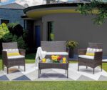 SHATCHI Set Sofá Ratán Mimbre 4 Piezas: Sofá 2 Plazas, 2 Sillones y Mesa de Cristal Templado para Jardín, Terraza, Balcón (Marrón, Cojines Grises) - Imagen 4