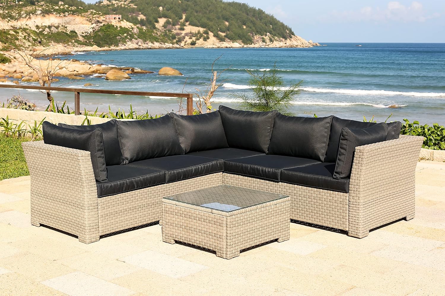 91-2dnnSKGL._AC_SL1500_ Chesterton Luxury Set Jardín Ratán 5 Plazas Negro con Cojines - 230 x 146 x 67 cm - Imagen 1