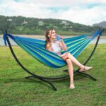 SUNCREAT Hamaca Doble Portátil con Soporte Acero 215 kg Rayas Azules y Verdes - Imagen 3