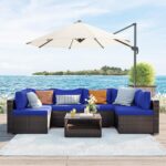 SONGMICS Set Salón Jardín 7 Piezas Ratán PE Cojines Mesa Cristal Marrón Azul - Imagen 2