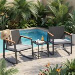 Gizoon Set de 3 piezas de Patio Bistró Mecedoras de Ratán Cojín Mesa de Cristal para Balcón Terraza Jardín Beige - Imagen 3