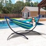 SUNCREAT Hamaca Doble Portátil con Soporte Acero 215 kg Rayas Azules y Verdes - Imagen 2