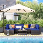 SONGMICS Set Salón Jardín 7 Piezas Ratán PE Cojines Mesa Cristal Marrón Azul - Imagen 4